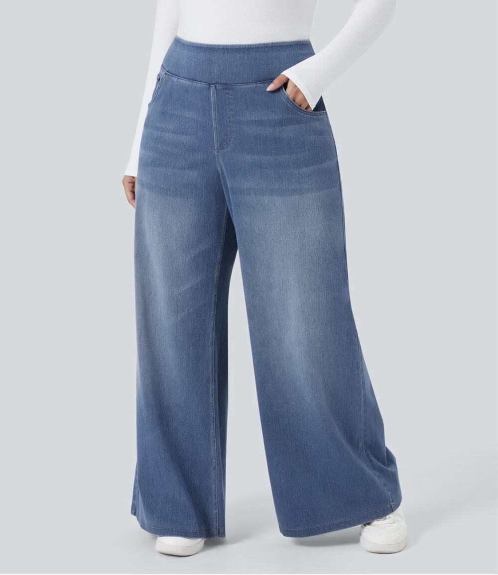 Halara Flex High Waisted Pull Up Baggy Wide Leg Jeans Womens Large Blue Faded